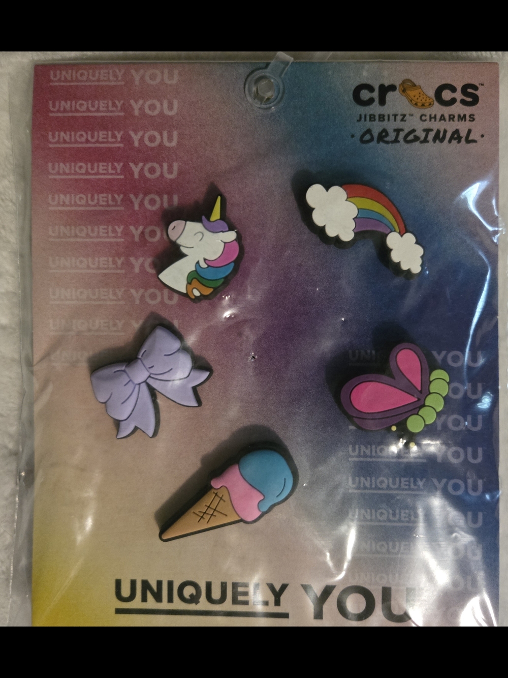 CROCS Jibbitz Charms Unicorn Rainbows Icecream Butterfly Bow 5-Pack
